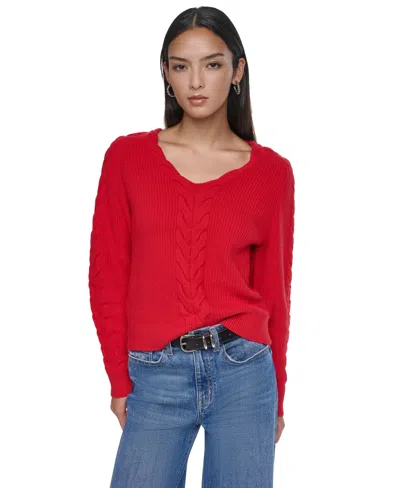 Dkny Women's Cable-knit V-neck Sweater In Red