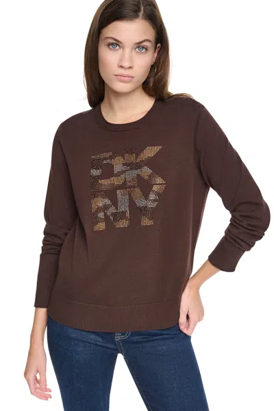 Dkny Women's Camo Rhinestone Logo Sweater In Espresso