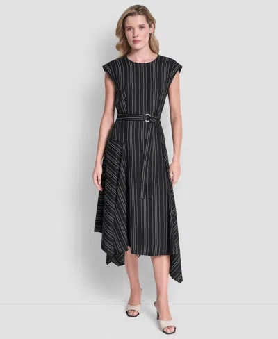 Dkny Women's Cap-sleeve Asymmetric Hem Midi Dress In Black