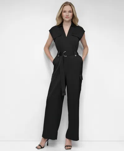Dkny Women's Cap-sleeve Belted Cargo Jumpsuit