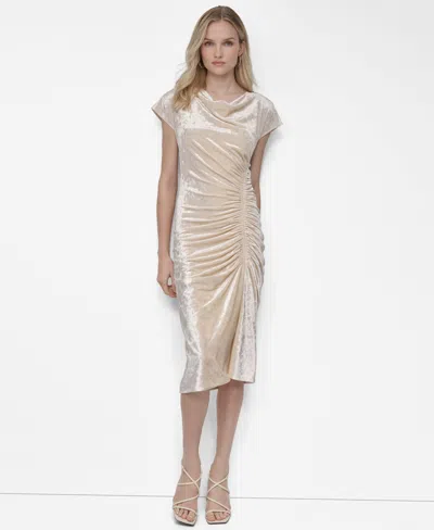 Dkny Women's Cap Sleeve Ruched Velvet Midi Dress In Gray