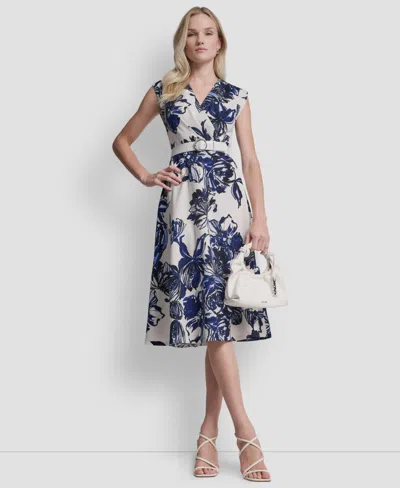 Dkny Women's Cap Sleeve Surplice Neck Belted Midi Dress In Multi