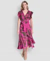 Dkny Women's Cap-sleeve Surplice Neck Ruffle Midi Dress In Pink