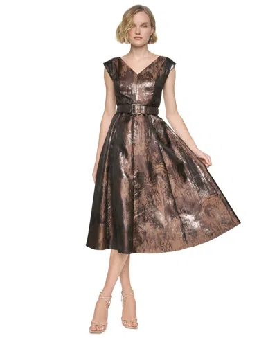Dkny Women's Cap-sleeve A-line Midi Dress In Brown