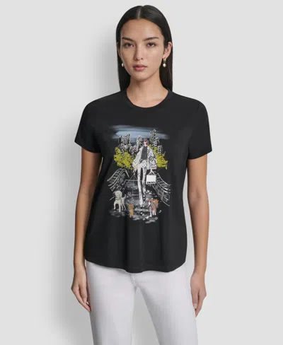 Dkny Crystal Embellished Central Park Conversational Graphic T-shirt In Black