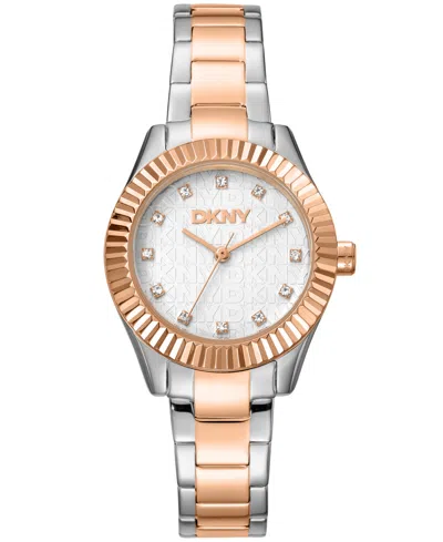 Dkny Women's Chambers Glitz Silver Dial Red Gold-two-tone Stainless Steel Bracelet Watch 30mm