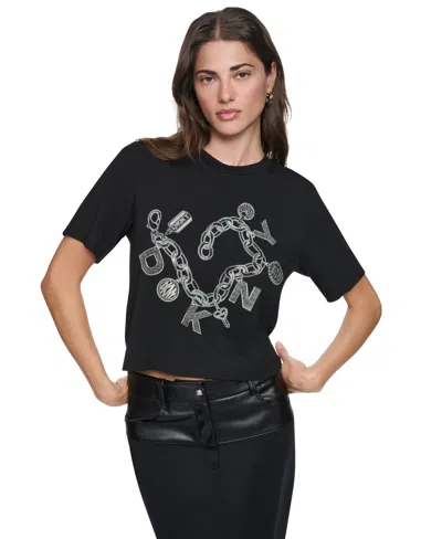 Dkny Women's Charm Bracelet Graphic-cropped T-shirt In Black