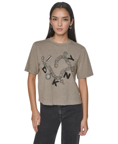 Dkny Women's Charm Bracelet Graphic-cropped T-shirt In Brown
