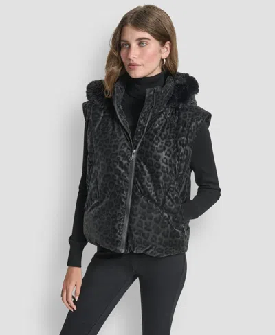 Dkny Women's Cheetah Print Tech Puffer Vest Jacket In Black