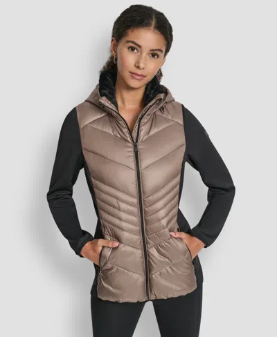 Dkny Women's Chevron Quilt Scuba Mix Collar Jacket In Brown