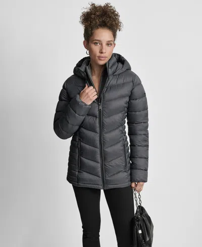 Dkny Women's Chevron-quilted Full-zip Puffer Jacket In Gray