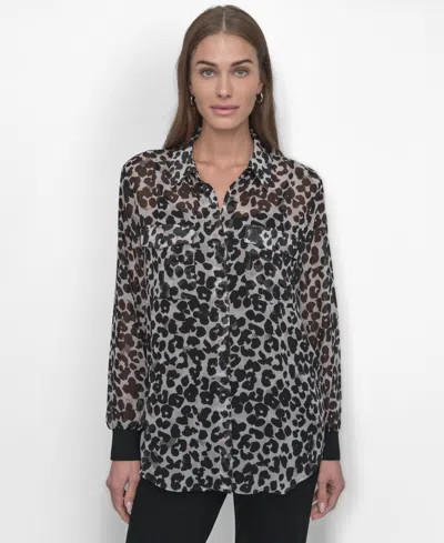 Dkny Women's Chiffon Animal-print Semi-sheer Blouse In Sprn Anml Utl Grn