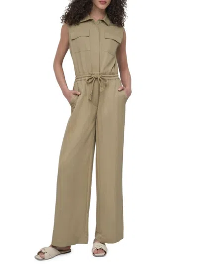 DKNY WOMEN'S CINCHED WAIST TWILL WIDE-LEG JUMPSUIT