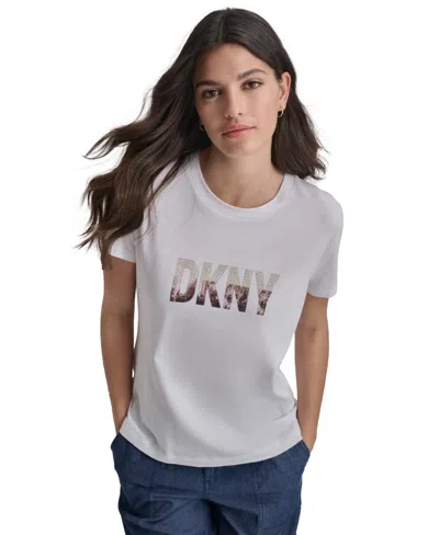 Dkny Women's Cityscape-rhinestone Logo T-shirt In White