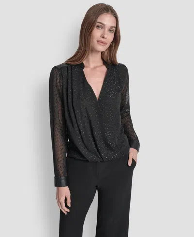 Dkny Women's Clip Dot Pattern V-neck Blouse In Black