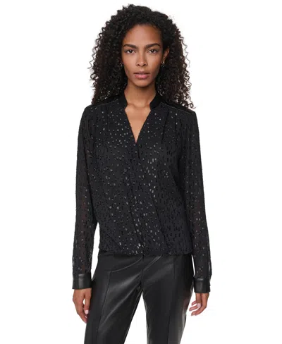 Dkny Women's Clip Dot Surplice V-neck Long-sleeve Blouse In Black