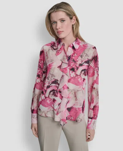 Dkny Women's Collared Long-sleeve Ruffle Detail Shirt In Pink