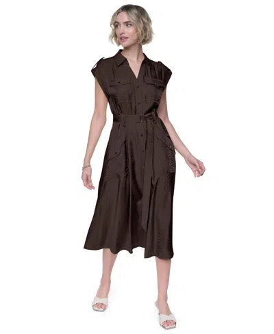 Dkny Women's Collared Neck Twinkle Cargo Dress In Brown