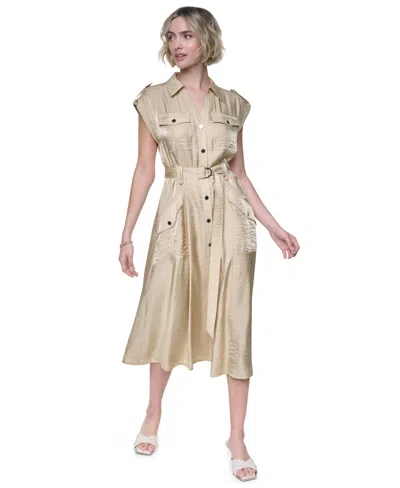 Dkny Women's Collared Neck Twinkle Cargo Dress In Brown