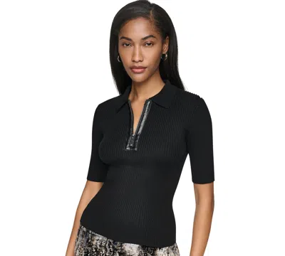 Dkny Women's Collared Quarter-zip Short-sleeve Sweater In Black