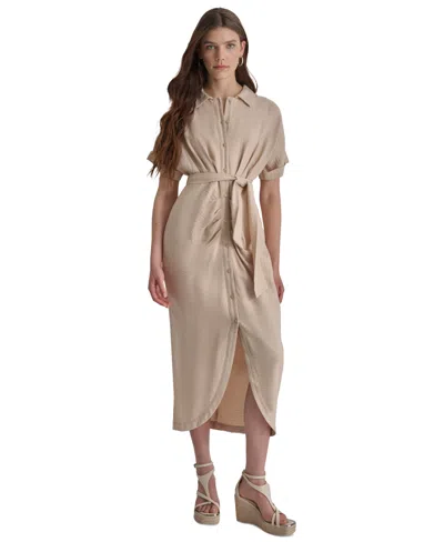Dkny Women's Collared Short-sleeve Crinkle Shirt Dress In Elegant Beige