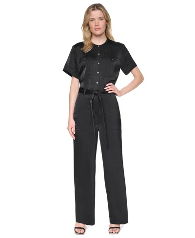 Dkny Women's Collared Short-sleeve Button-front Jumpsuit In Black