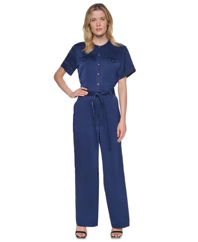 Dkny Women's Collared Short-sleeve Button-front Jumpsuit In Intrepid Blue