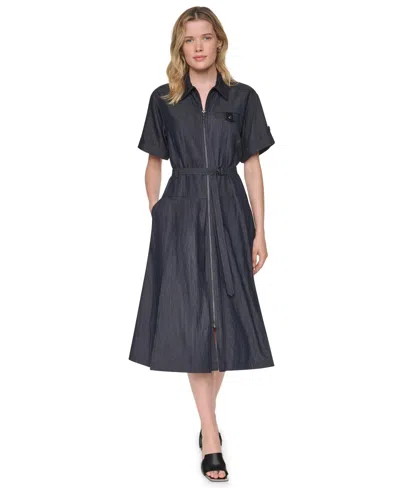 Dkny Women's Collared Short-sleeve Removable Belt Midi Dress In Blue