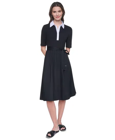 Dkny Women's Collared Short-sleeve Shirt Dress In Black