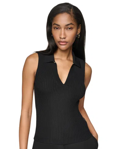 Dkny Women's Collared V-neck Sleeveless Sweater In Black
