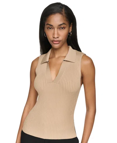 Dkny Women's Collared V-neck Sleeveless Sweater In Neutral