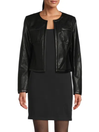 Dkny Women's Collarless Croc Embossed Faux Leather Jacket In Black