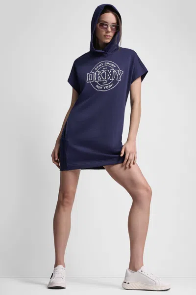 Dkny Women's Collegiate Medallion Logo Mini Hoodie Dress In Blue