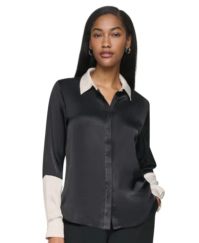 Dkny Women's Color Blocked Long-sleeve Blouse In Black