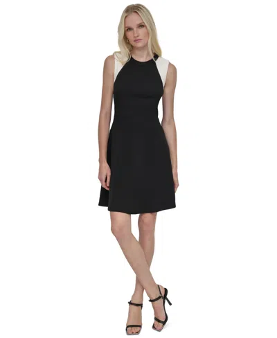 Dkny Women's Colorblocked Sleeveless Scuba Crepe Dress In Black,ivory