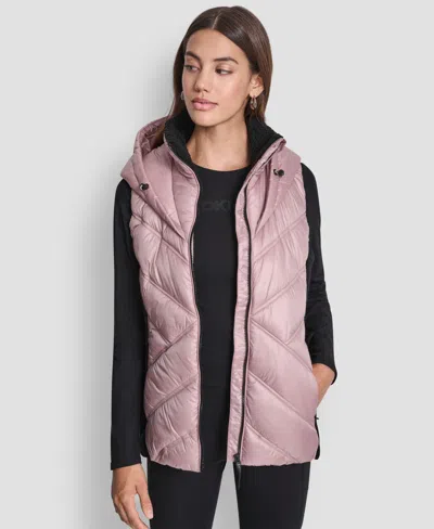 Dkny Women's Contrast Collar Hooded Puffer Vest