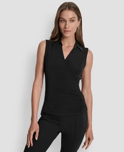 Dkny Women's Contrast-collar Surplice Top In Black