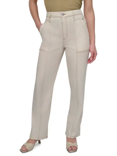 Dkny Women's Contrast-stitch High-rise Straight-leg Pants In Sand