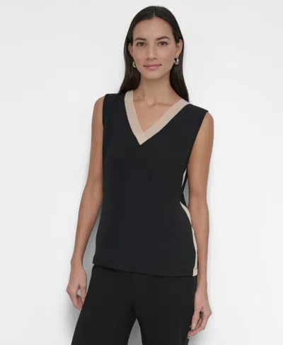 Dkny Women's Contrast-trim V-neck Sleeveless Top In Black Beige