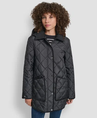 Dkny Women's Corduroy Collar Hooded Quilted Coat In Black