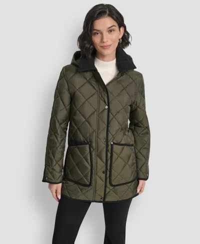 Dkny Women's Corduroy Collar Hooded Quilted Coat In Green