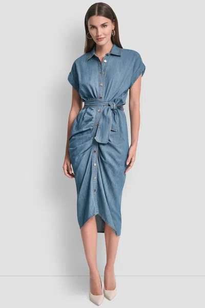 Dkny Women's Cotton-blend Short Sleeve Midi Shirt Dress In Blue