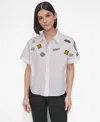 Dkny Pins & Patches Short Sleeve Button-up Shirt In White