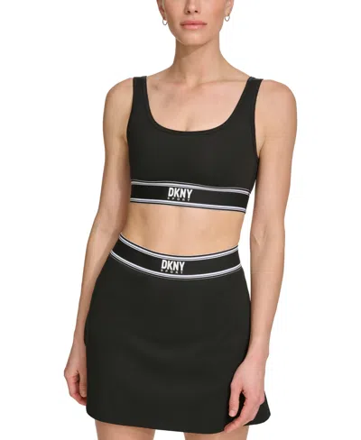 Dkny Women's Cotton Logo-tape Scoop-neck Sports Bra In Black