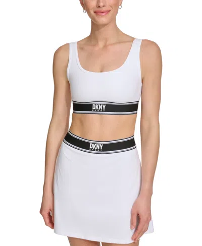 Dkny Women's Cotton Logo-tape Scoop-neck Sports Bra In White