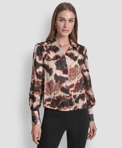 DKNY WOMEN'S COVERED PLACKET LONG BALLOON SLEEVE WOVEN BLOUSE