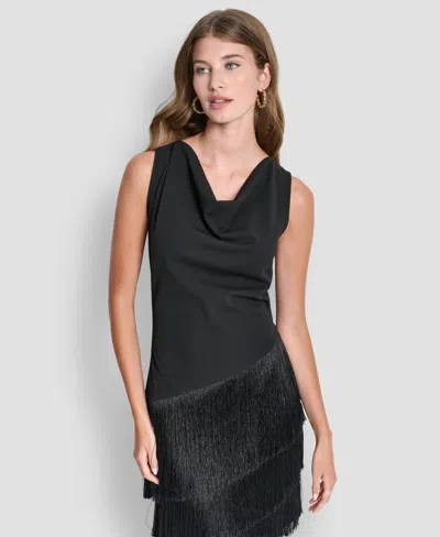 Dkny Women's Cowl Neck High-low Tiered A-line Dress In Black