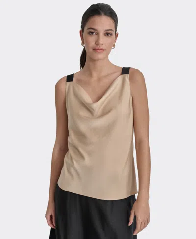 Dkny Women's Cowlneck Sleeveless Colorblocked-strap Tank Top In Sandlewood