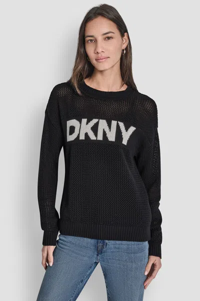 Dkny Women's Crew Neck Pointelle Logo Sweater In Black