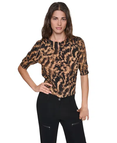 Dkny Women's Crewneck Button Placket Cardigan Sweater In Animal Print